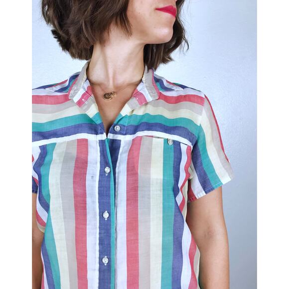 vintage 80s COLORFUL STRIPED Paper Thin BLOUSE soft Large button down shirt top - Picture 5 of 10